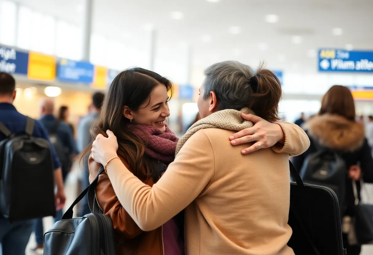 A family rejoicing at the airport after a challenging journey in Israel.