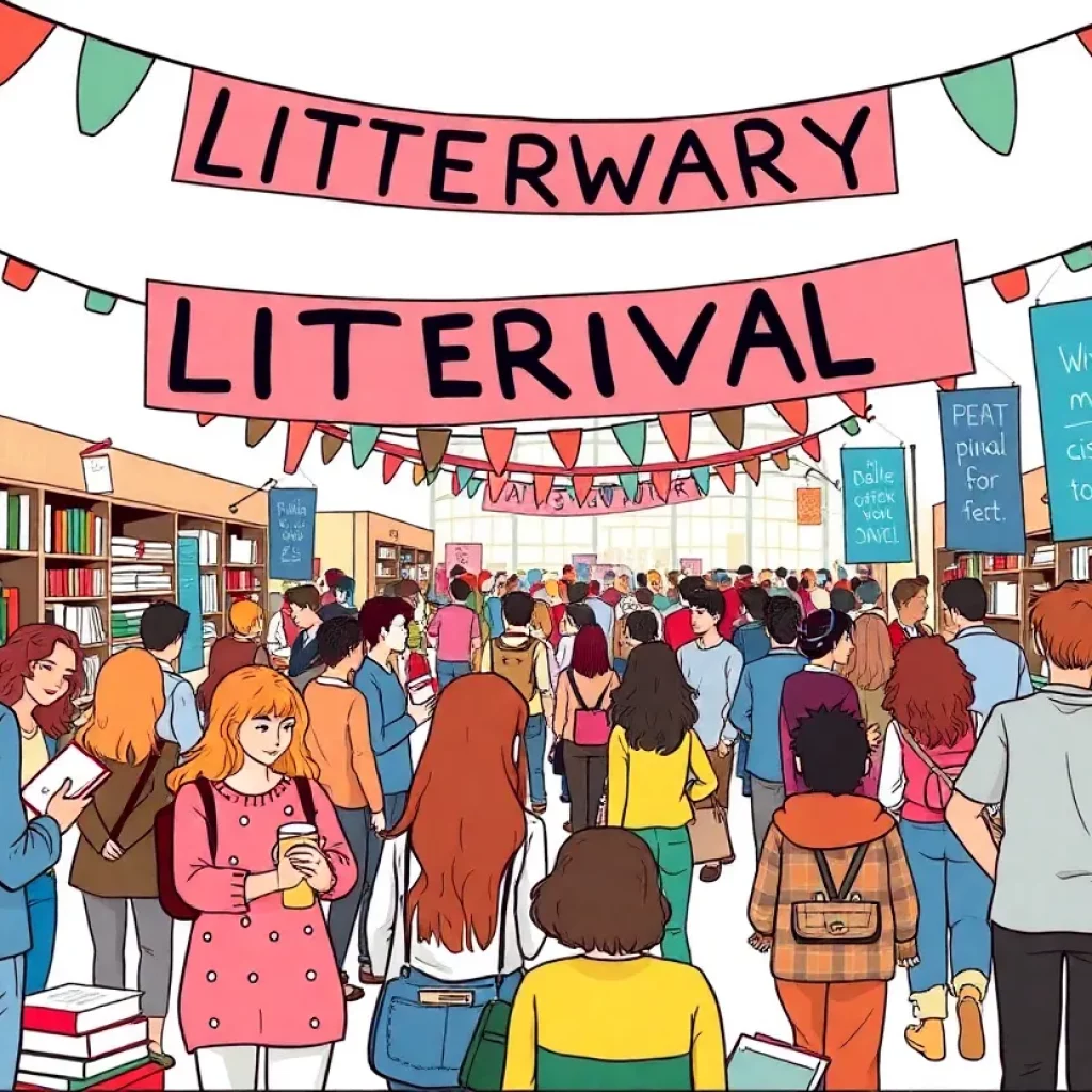 A lively scene at the Charleston Literary Festival with people enjoying books and discussions.