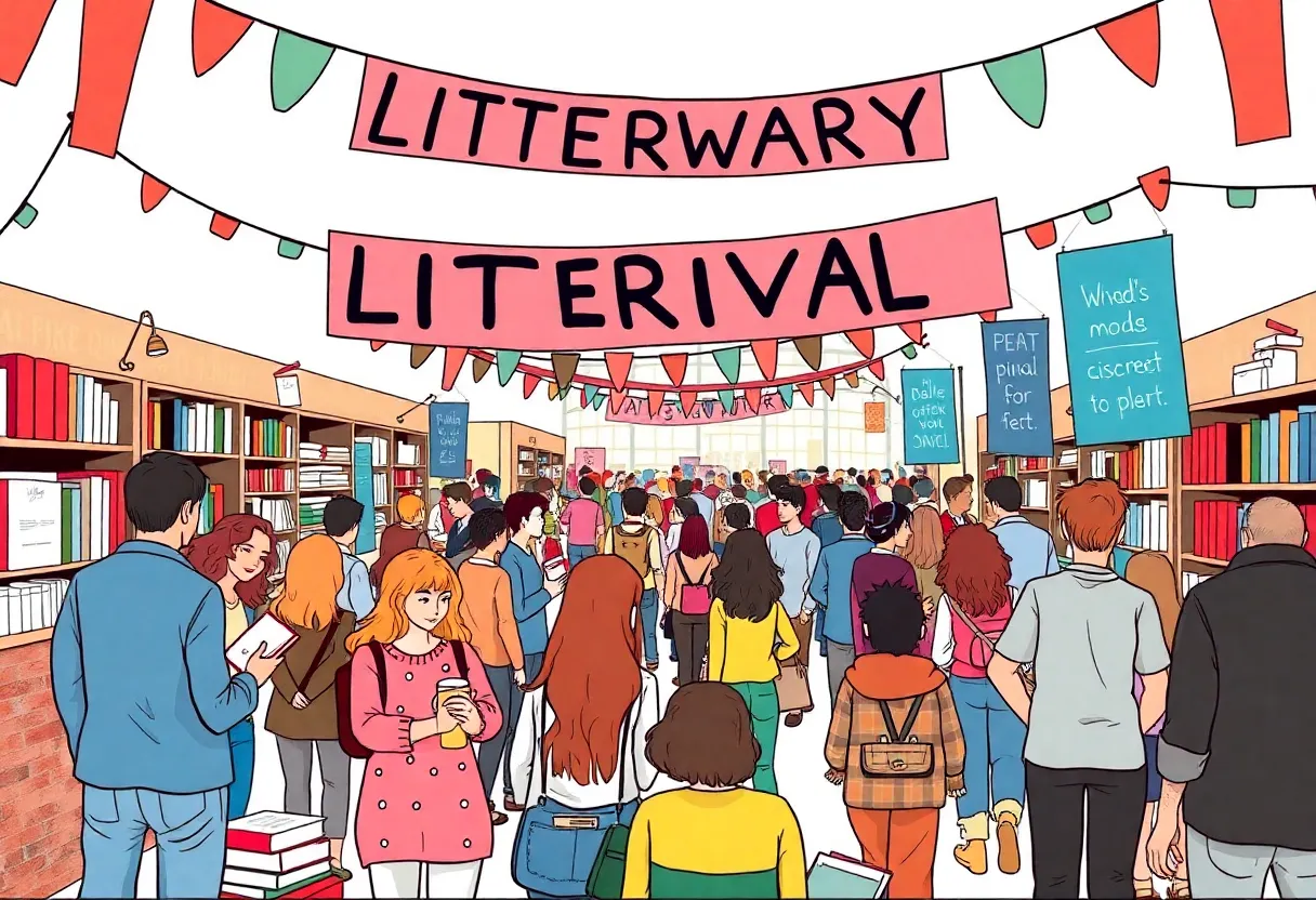A lively scene at the Charleston Literary Festival with people enjoying books and discussions.