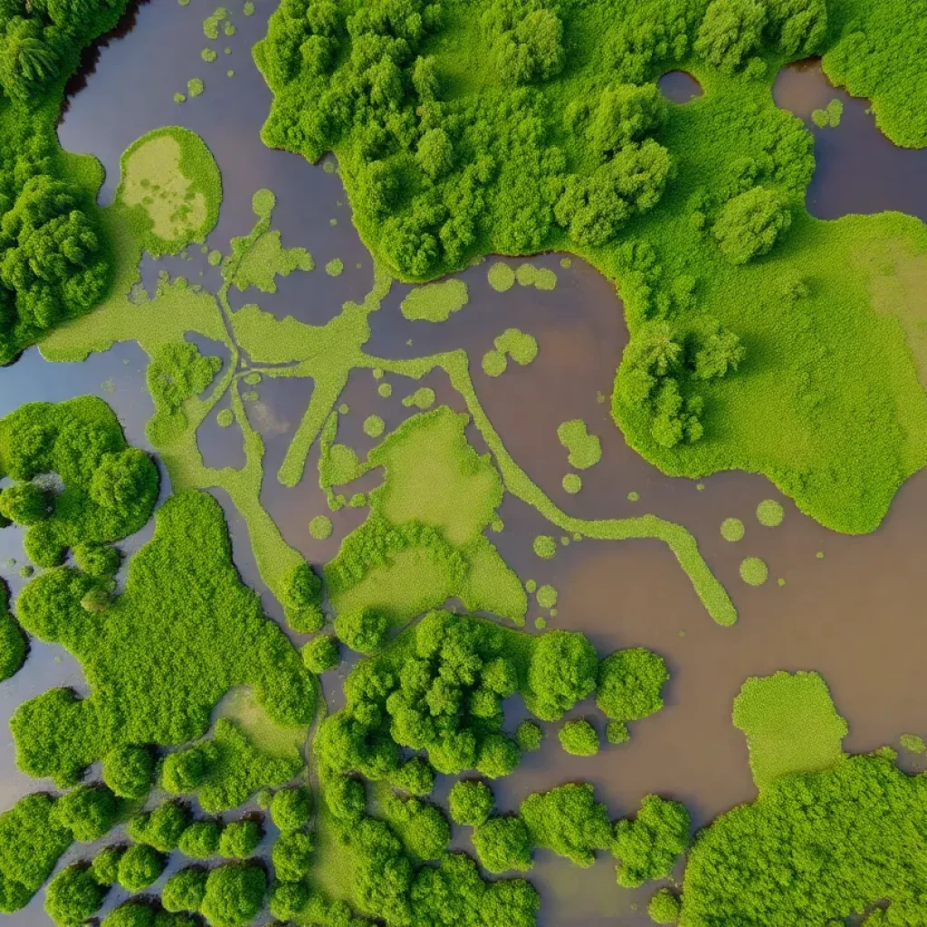 Aerial view of Charleston County with standing water areas