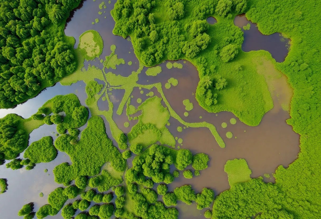 Aerial view of Charleston County with standing water areas