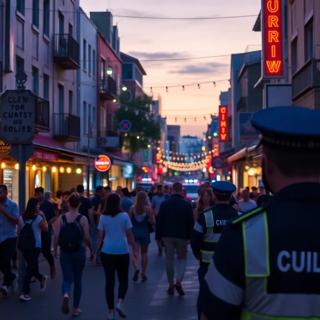 A lively nightlife street in Charleston with curfew signs