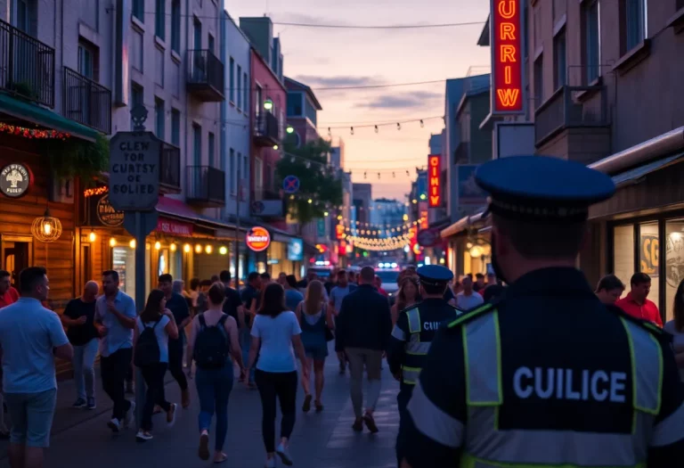 A lively nightlife street in Charleston with curfew signs