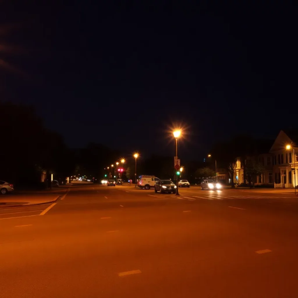 Charleston cityscape at night with streetlights