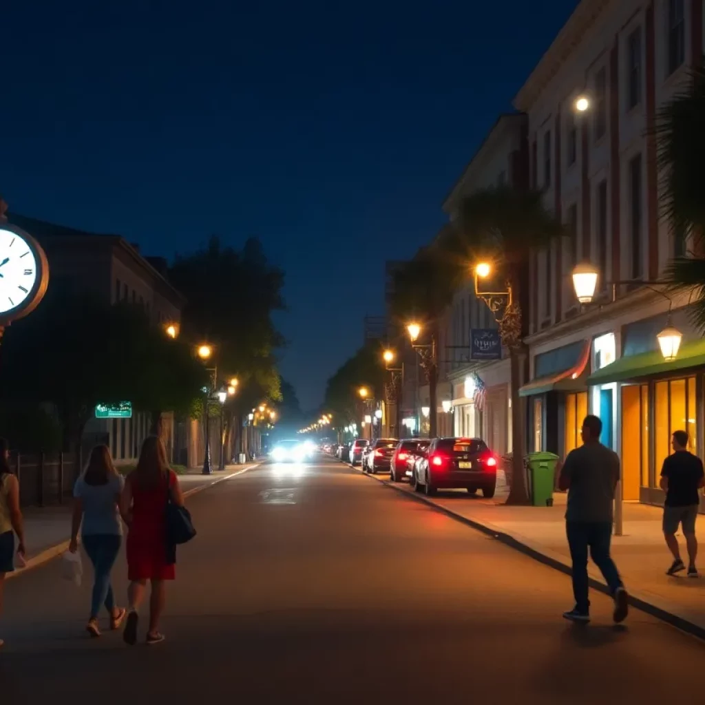 Charleston street at night portraying a curfew atmosphere