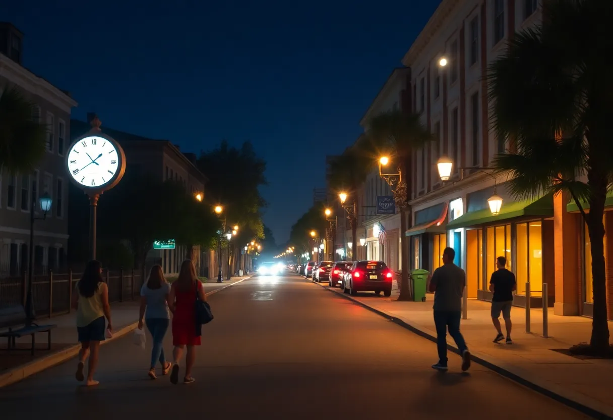 Charleston street at night portraying a curfew atmosphere