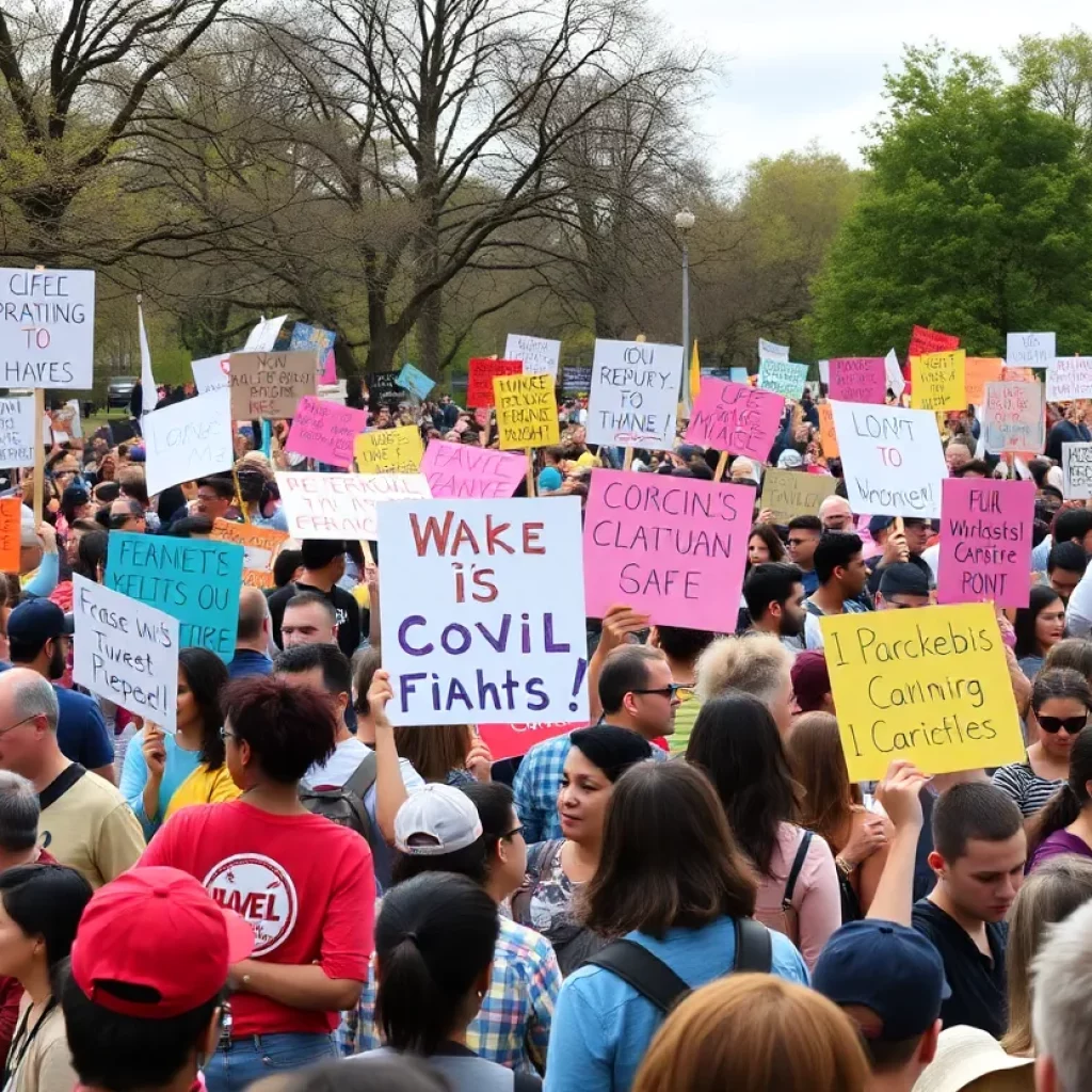 Peaceful protest in Charleston with diverse crowd and signs