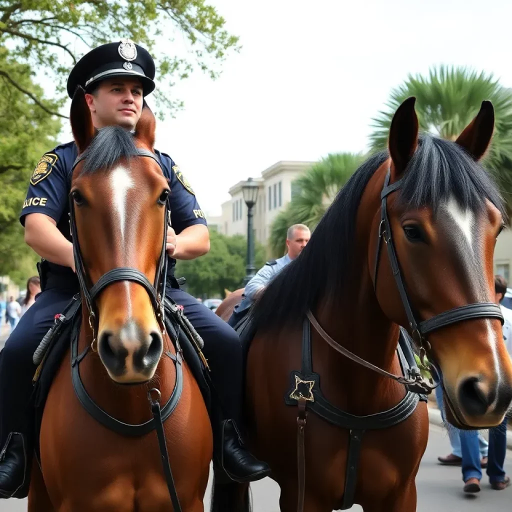Two new horses named Rucker and Riley with a mounted police officer in Charleston