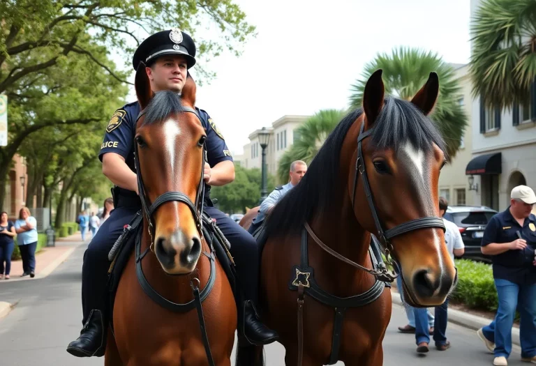 Two new horses named Rucker and Riley with a mounted police officer in Charleston