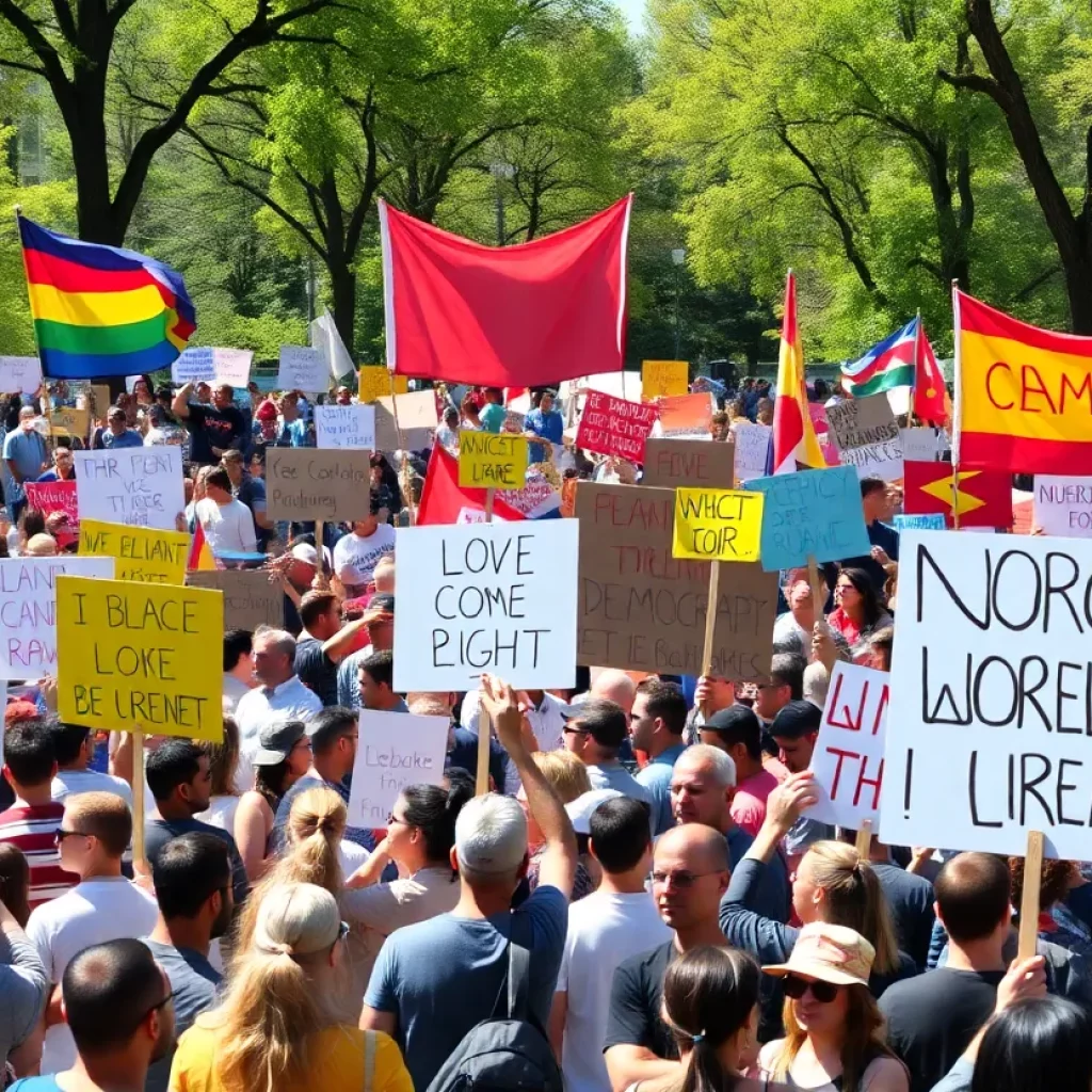 Crowd gathered in a park protesting for democracy