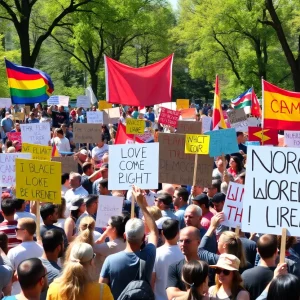 Crowd gathered in a park protesting for democracy