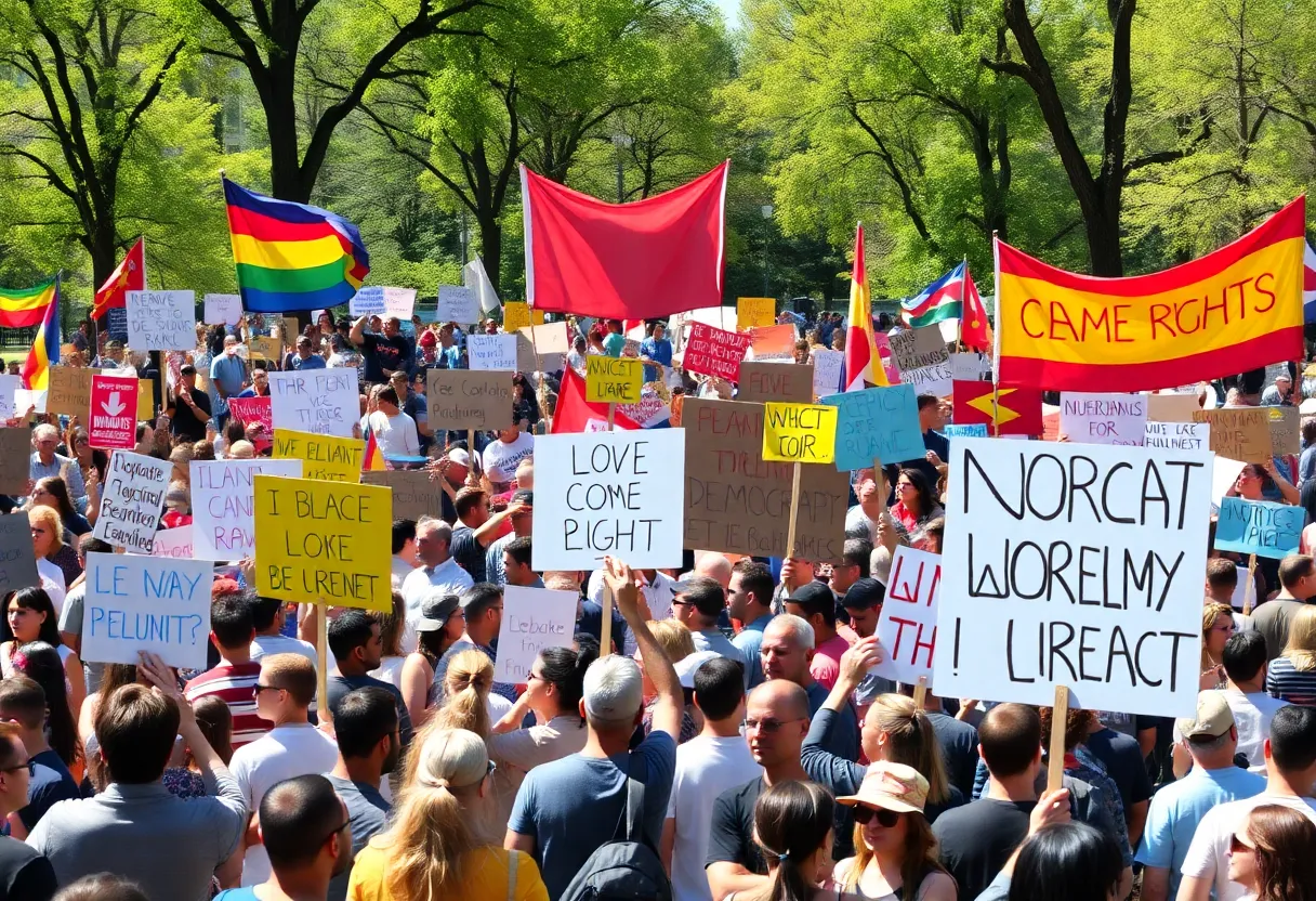 Crowd gathered in a park protesting for democracy