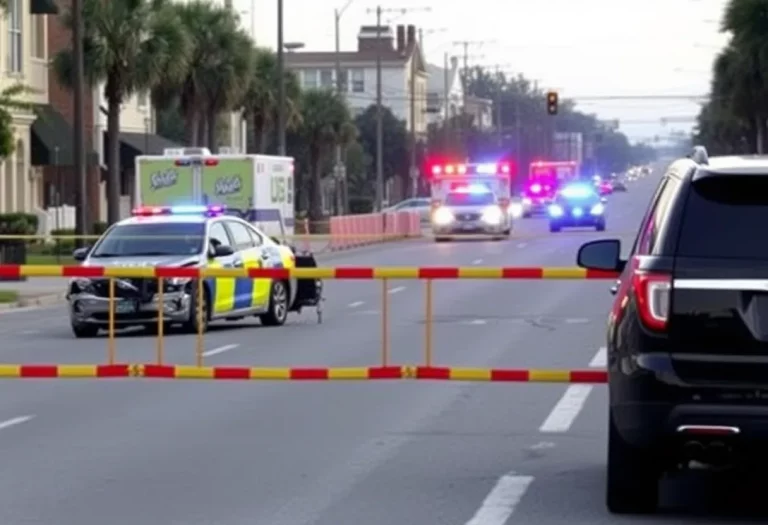 Scene of a road closure in Charleston due to a vehicle collision