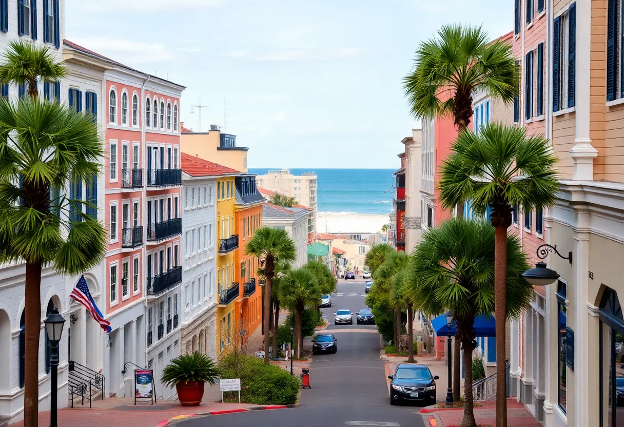 View of Charleston South Carolina showing historic buildings and vibrant streets