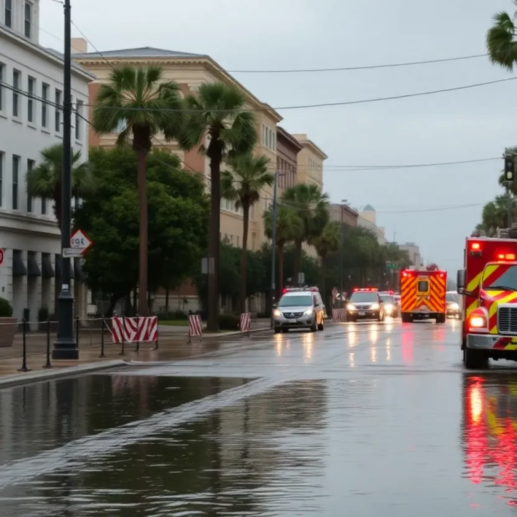 Flooded street in Charleston SC after severe thunderstorms