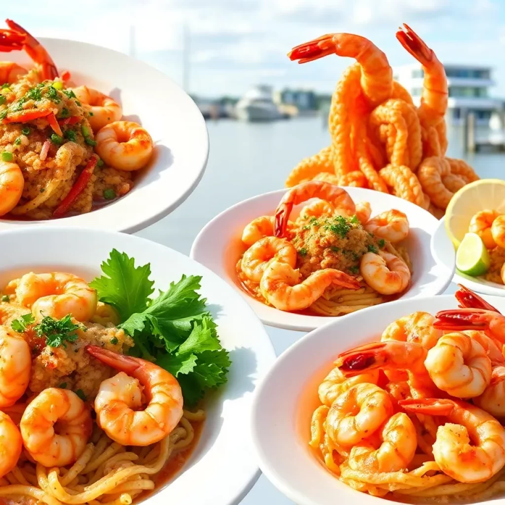 An array of shrimp dishes from different Charleston restaurants against a scenic waterfront backdrop.