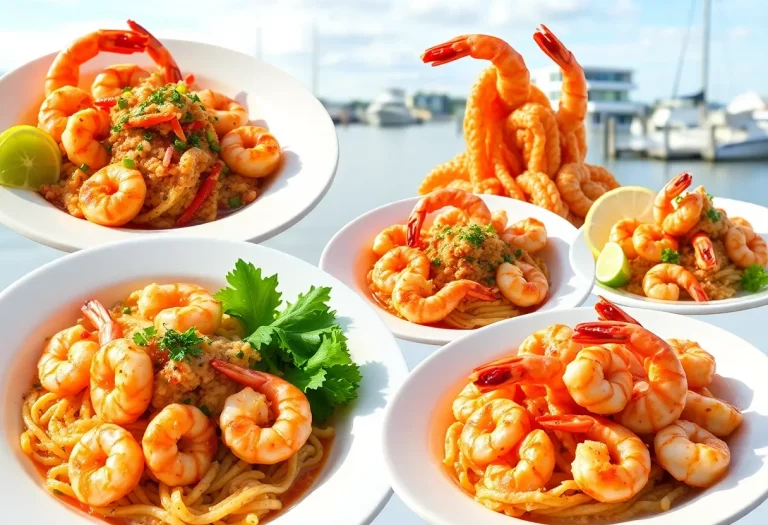 An array of shrimp dishes from different Charleston restaurants against a scenic waterfront backdrop.
