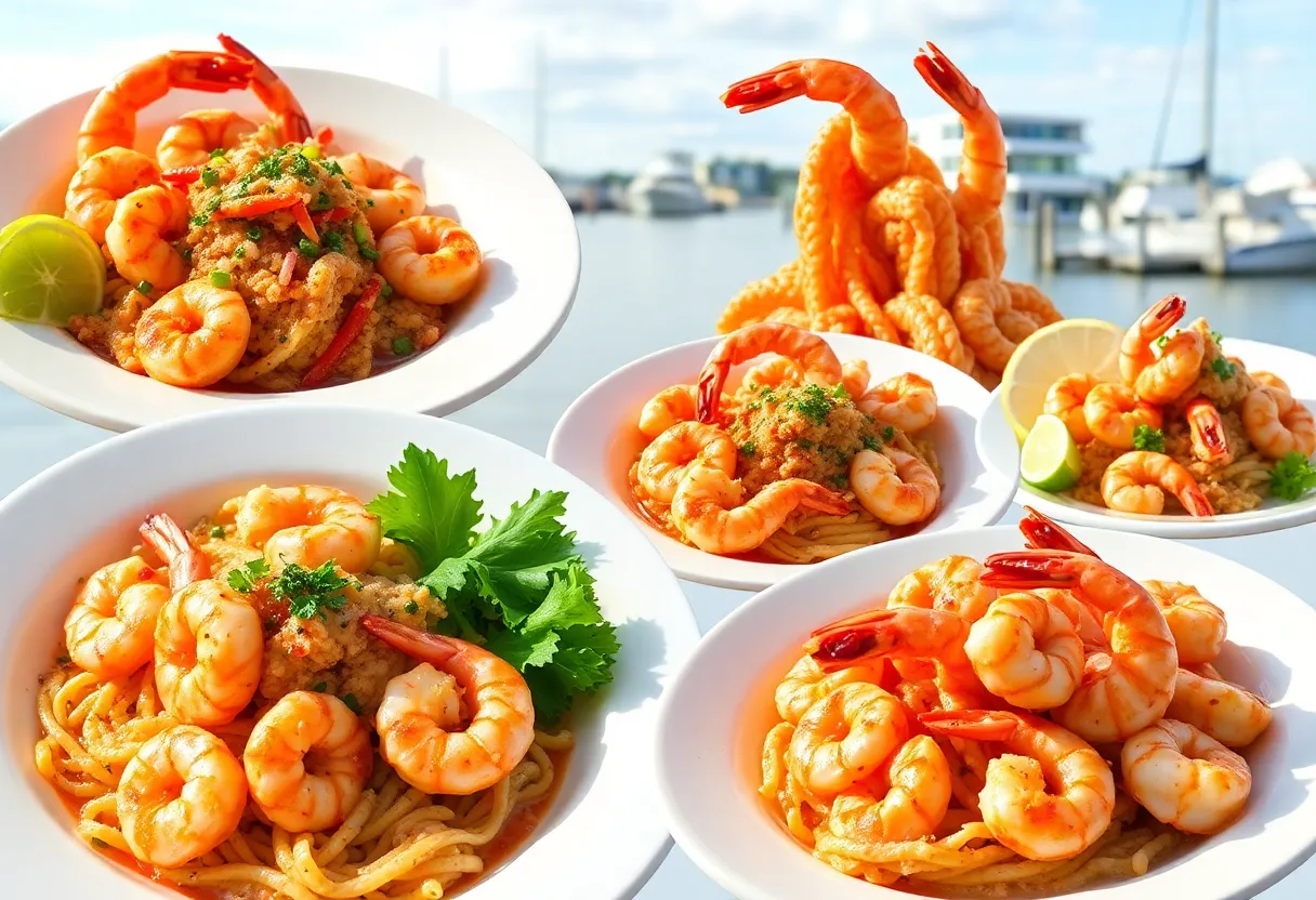 An array of shrimp dishes from different Charleston restaurants against a scenic waterfront backdrop.