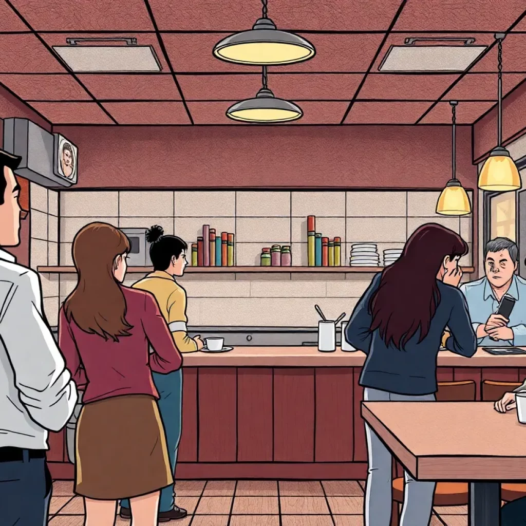 Illustration of a tense restaurant scene during an altercation