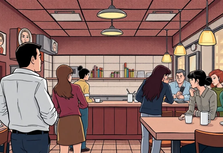 Illustration of a tense restaurant scene during an altercation