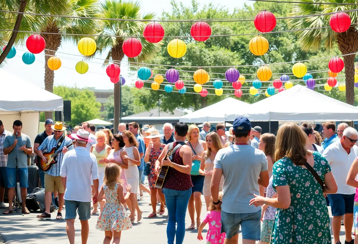 A vibrant summer festival scene in Charleston with people enjoying music and activities.