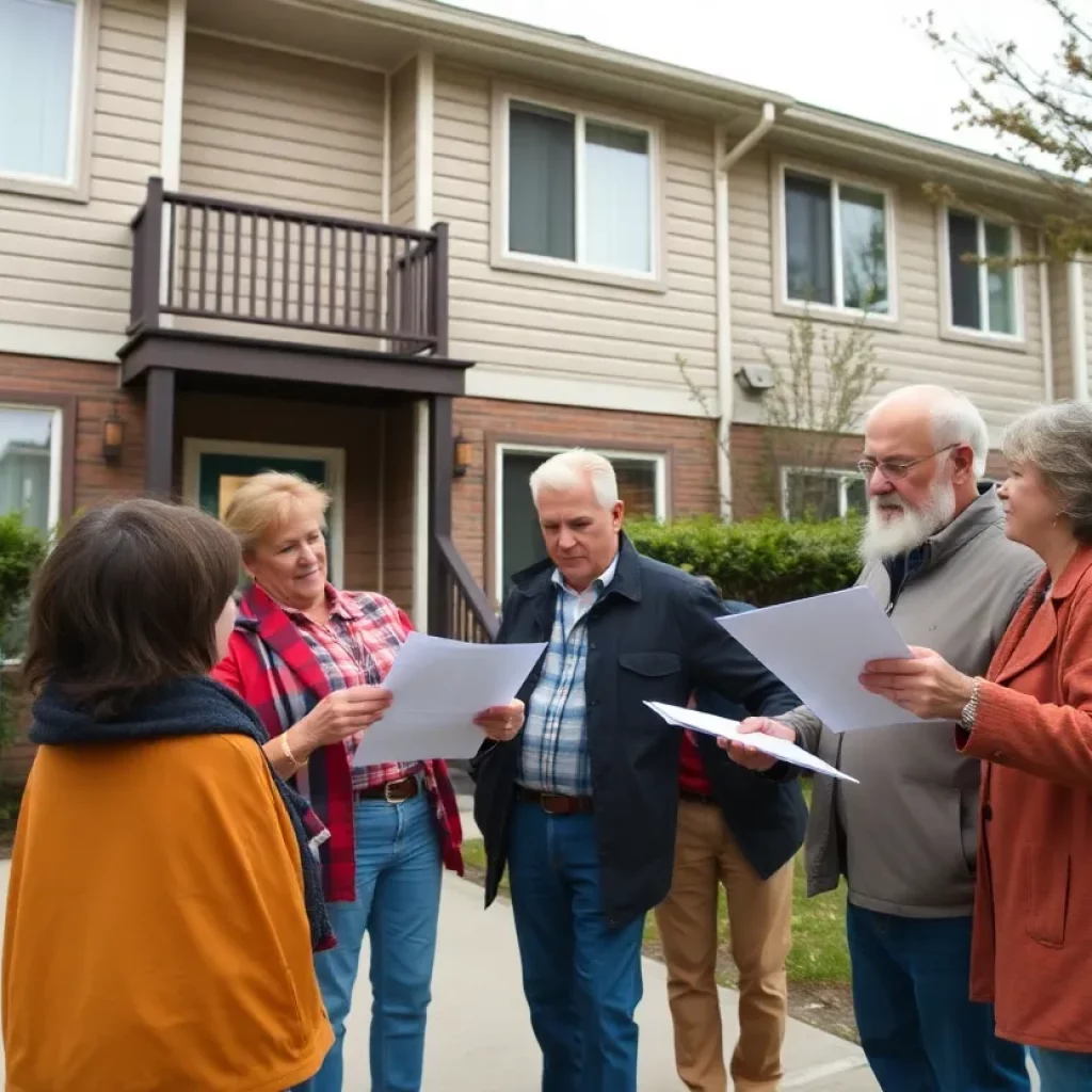 Townhome owners discussing evacuation lawsuit outside residential building