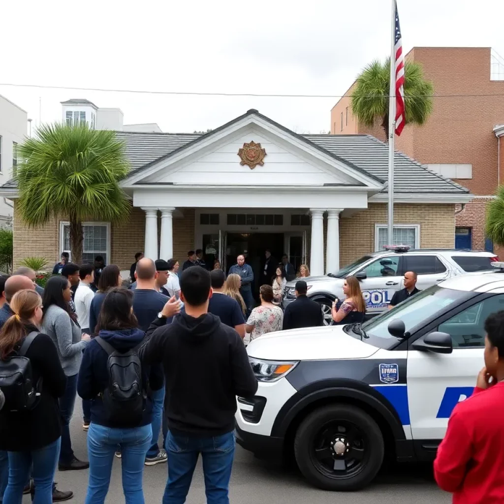 Concerned community members at a police station in Charleston.