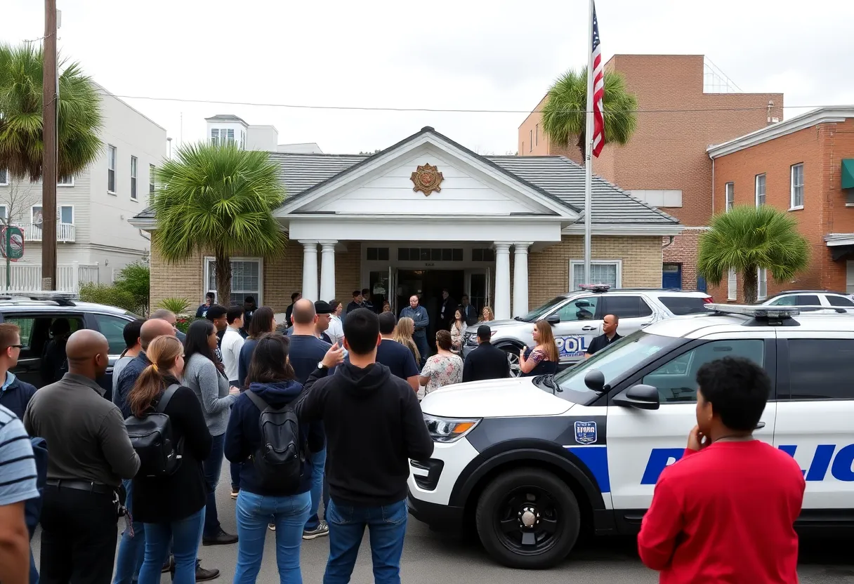 Concerned community members at a police station in Charleston.