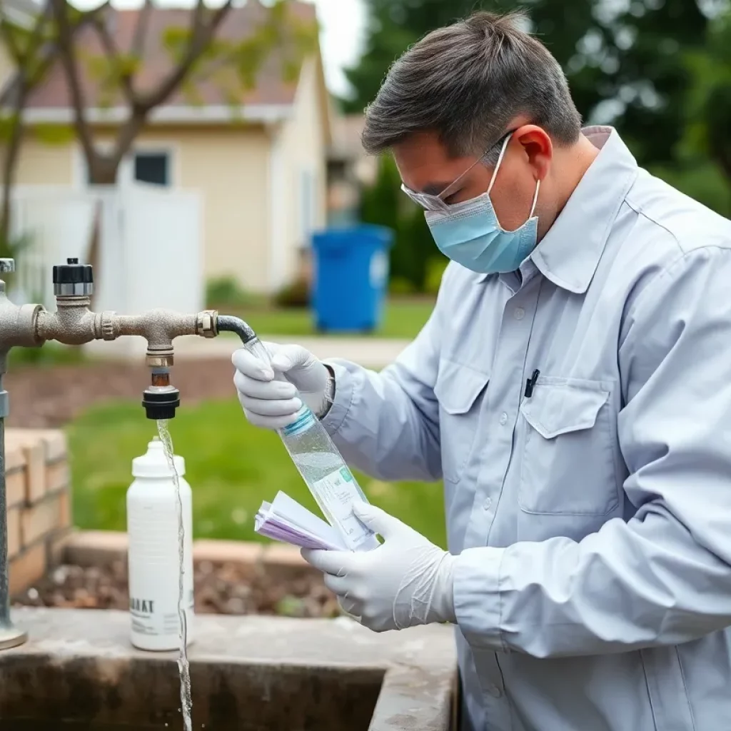 Technician testing residential water for lead contamination