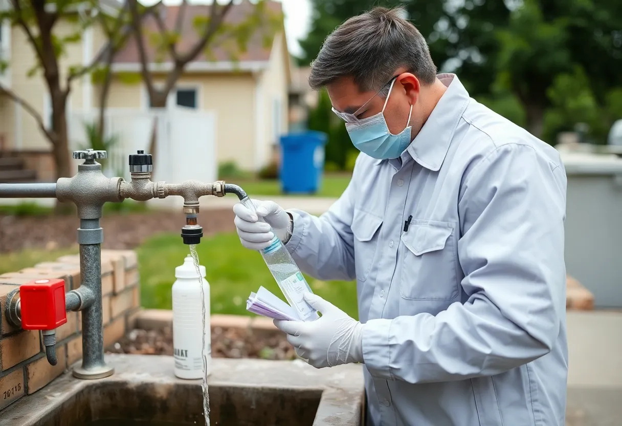 Technician testing residential water for lead contamination