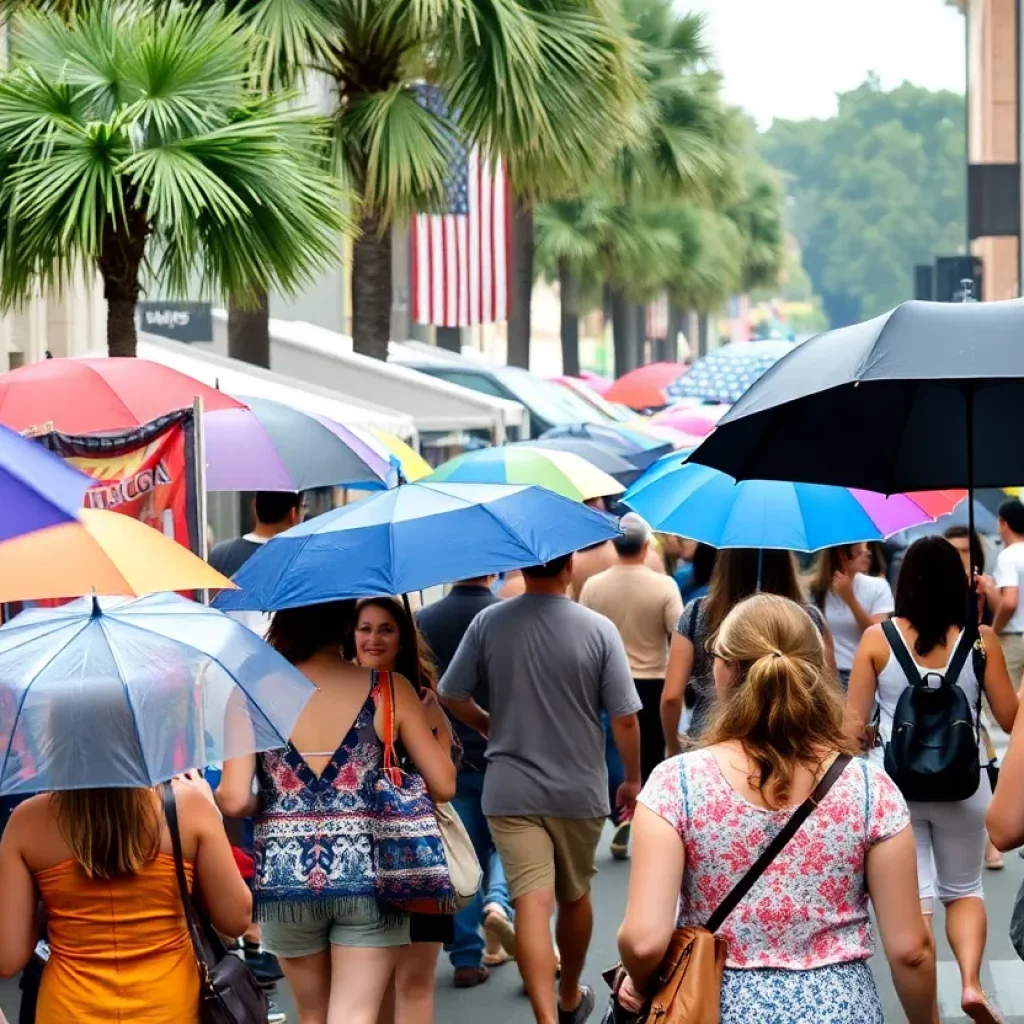 People attending art festival in Charleston, SC with umbrellas