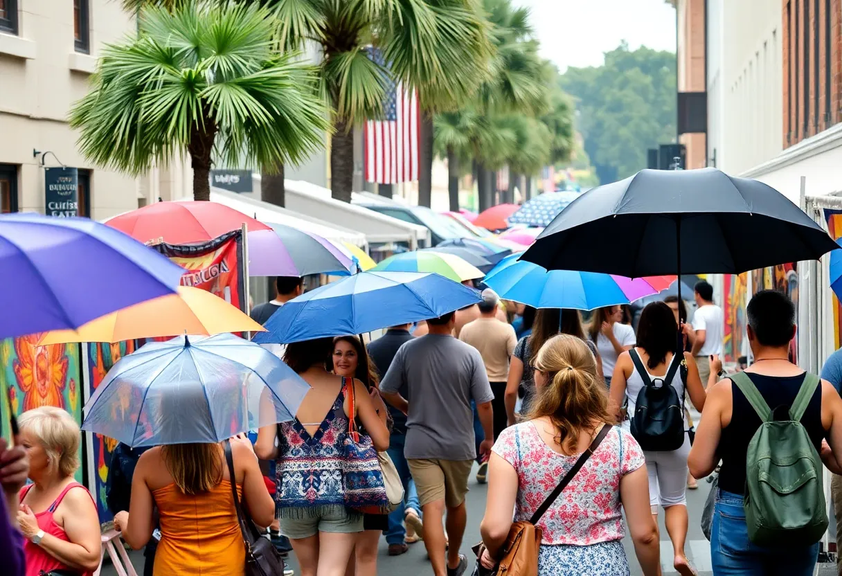 People attending art festival in Charleston, SC with umbrellas