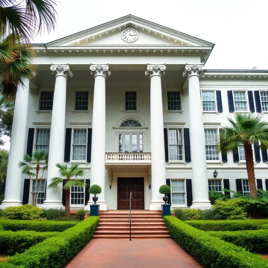 Exterior view of the Chisolm-Alston House showcasing Corinthian columns and lush gardens.