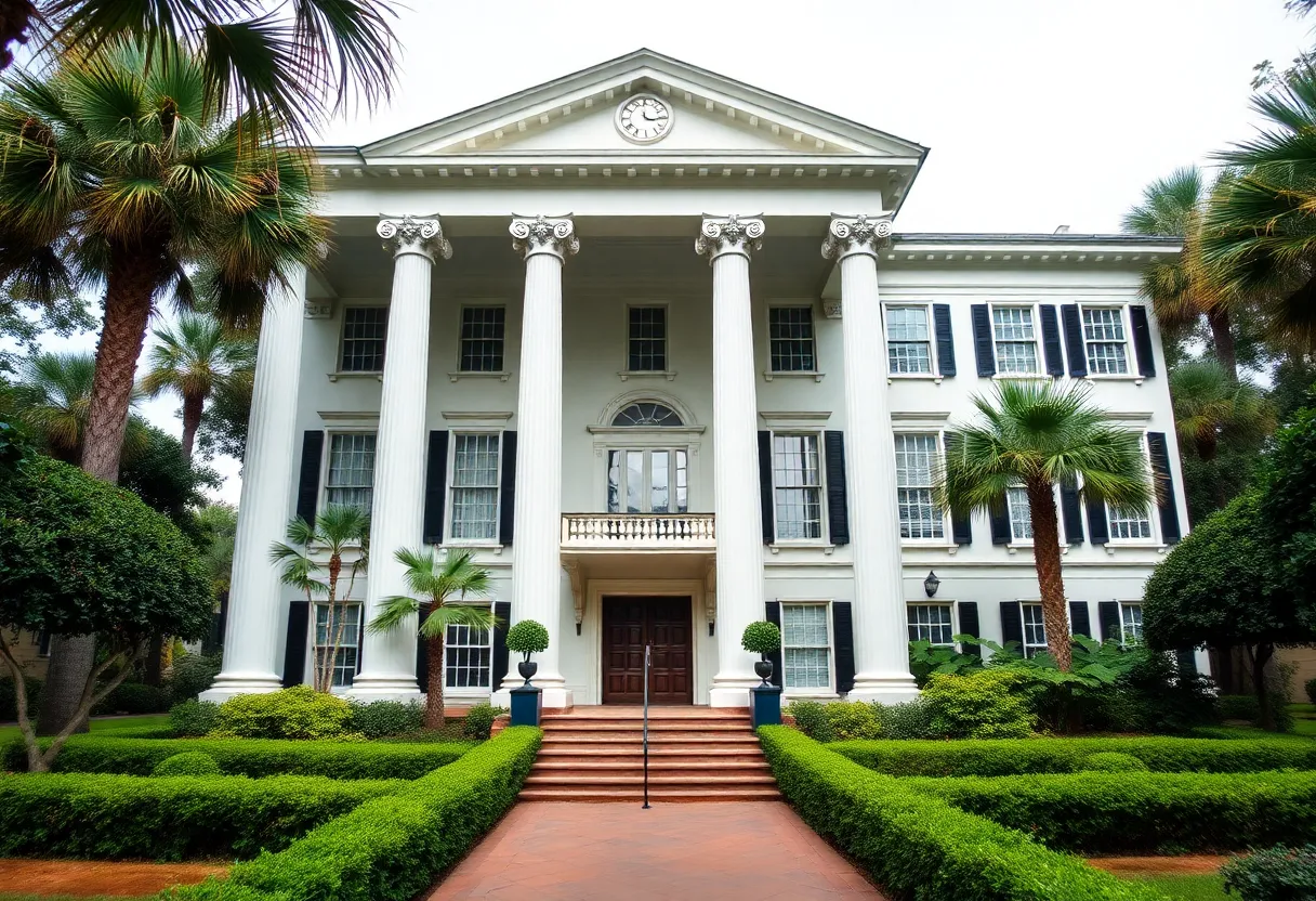 Exterior view of the Chisolm-Alston House showcasing Corinthian columns and lush gardens.