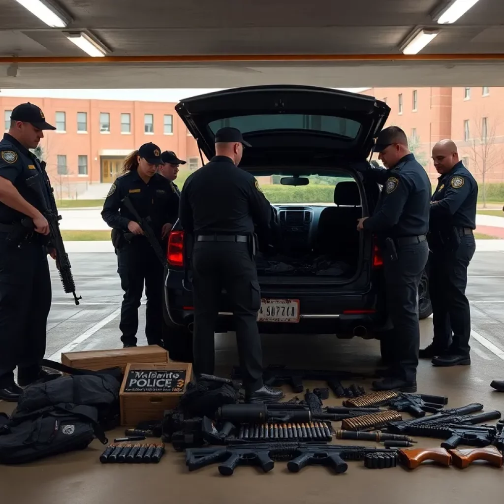 Police officers inspecting a parked car on a college campus with firearms visible
