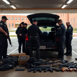 Police officers inspecting a parked car on a college campus with firearms visible