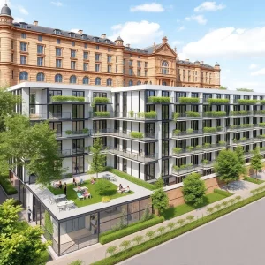 Architectural rendering of the Coming Street Commons residence complex at College of Charleston