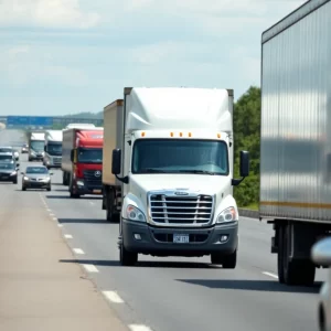 Traffic on a Kansas highway showing commercial trucks and cars.