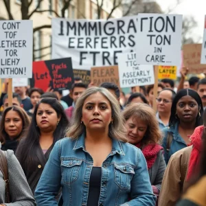 Protesters holding banners against ICE raid