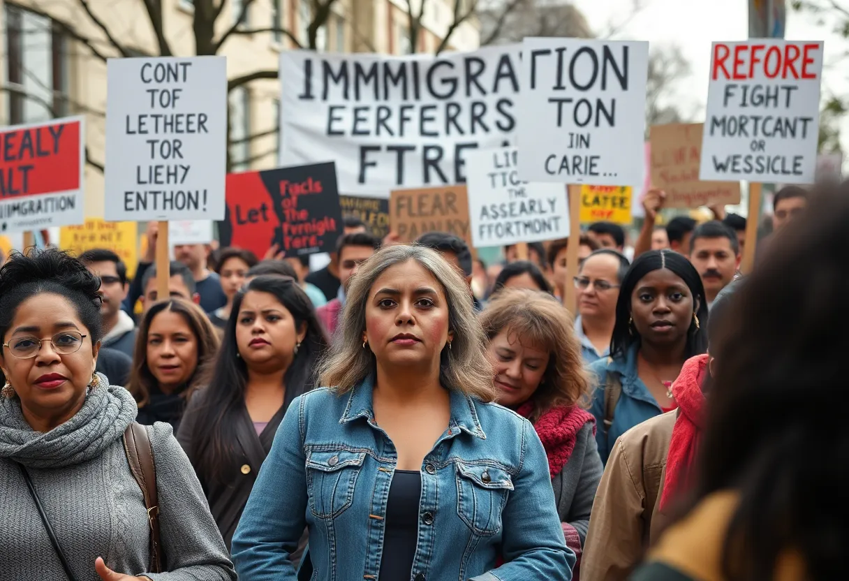 Protesters holding banners against ICE raid