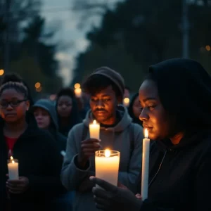 A candlelight vigil held in memory of a young man's tragic death, highlighting community solidarity.