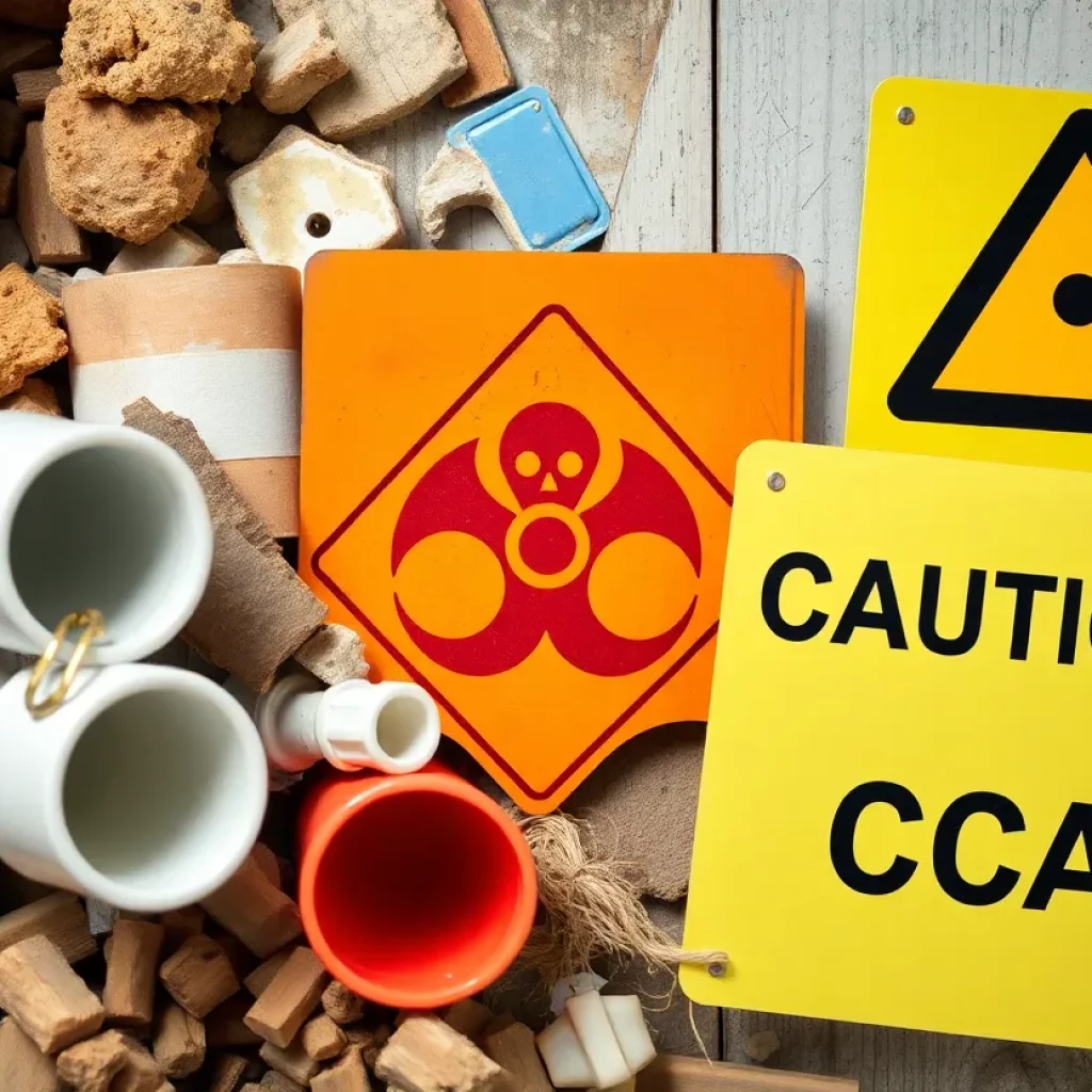 Assorted controversial building materials including asbestos, lead paint, PVC, and treated wood.