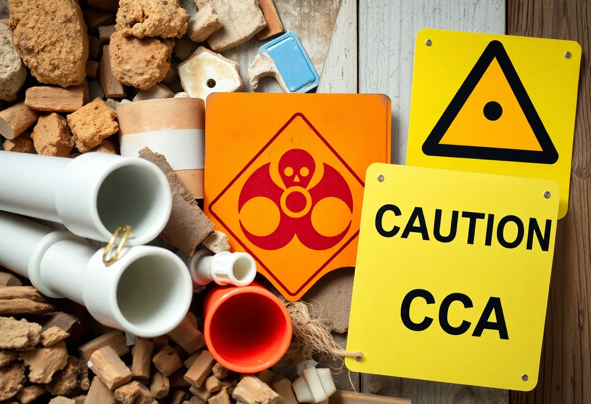 Assorted controversial building materials including asbestos, lead paint, PVC, and treated wood.