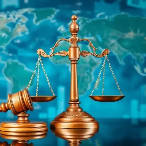 Illustration of a gavel and scales of justice representing the court ruling on tariffs.