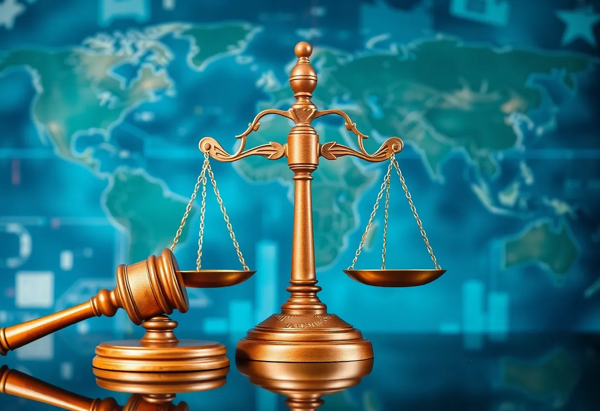Illustration of a gavel and scales of justice representing the court ruling on tariffs.