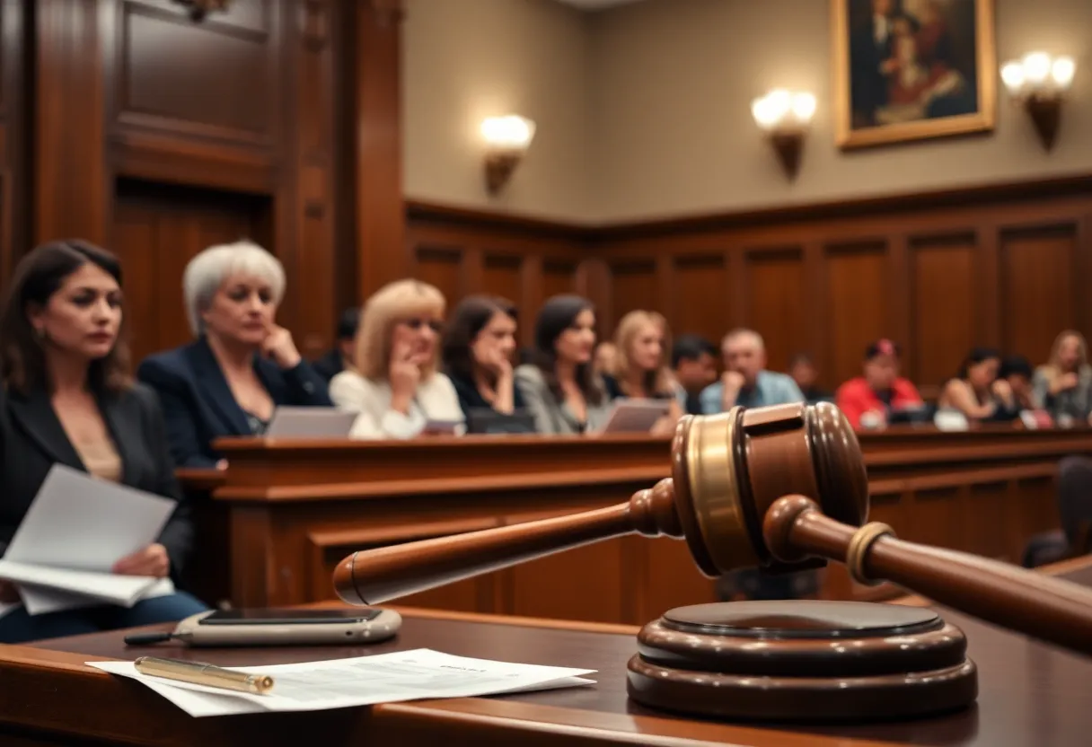 Courtroom setting with a gavel and legal documents symbolizing a lawsuit verdict