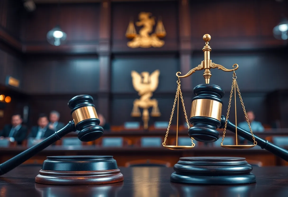 Symbolic representation of legal controversy in a courtroom.