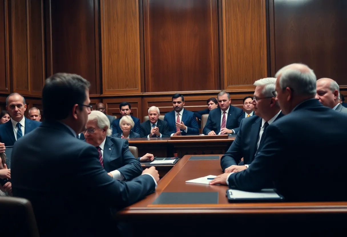 Courtroom scene depicting the tension of a high-profile trial.