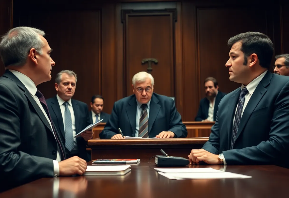 Courtroom setting depicting lawyers engaged in a tense legal battle