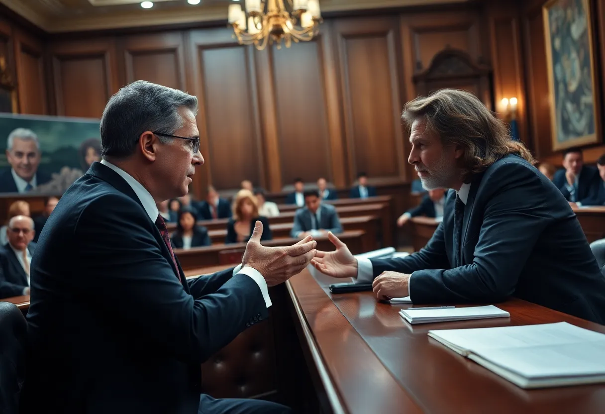Dramatic courtroom scene featuring lawyers in a tense debate